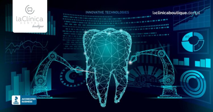 Dibujo digital de un diente en 3D con brazos robóticos, destacando tecnologías innovadoras en odontología, relacionado con La Clínica Dental Guadalajara.