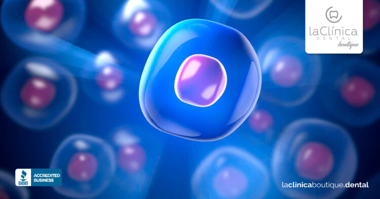 Célula madre en un fondo azul, representando su aplicación en tratamientos dentales en La Clínica Dental Guadalajara.